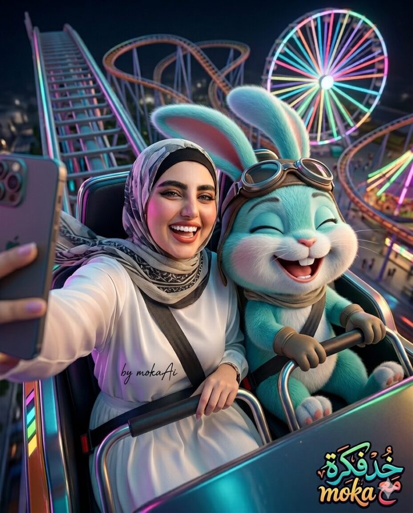 Create Viral AI Selfie Ride Photo – برومبت صورة سيلفي احترافية في الملاهي بالذكاء الاصطناعي 4 صورة سيلفي واقعية في الملاهي باستخدام الذكاء الاصطناعي مع أرنب كرتوني