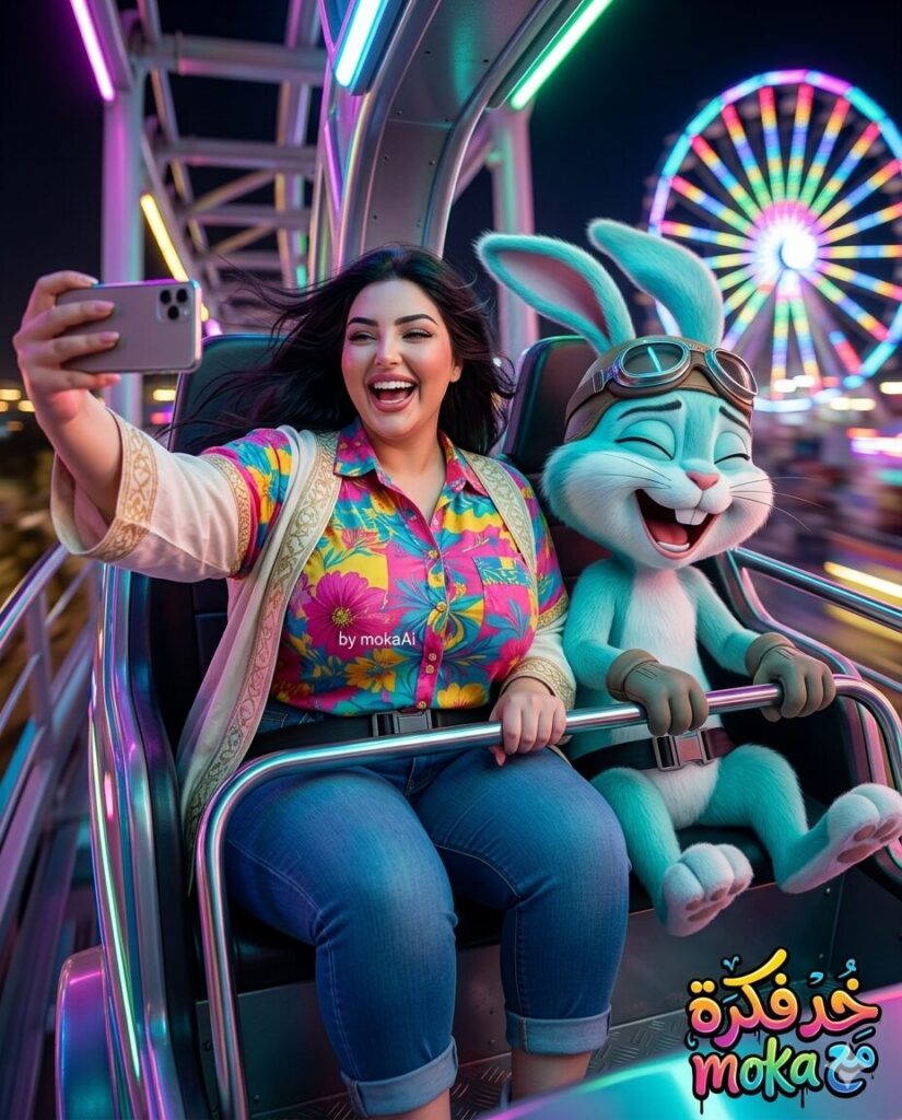 Create Viral AI Selfie Ride Photo – برومبت صورة سيلفي احترافية في الملاهي بالذكاء الاصطناعي 3 صورة سيلفي واقعية في الملاهي باستخدام الذكاء الاصطناعي مع أرنب كرتوني