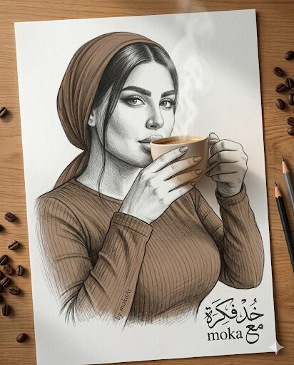 ازاي تعمل صورة سكيتش + عنصر حقيقي بالذكاء الاصطناعي (AI Prompt) 4 صورة تجمع بين رسم بالقلم الرصاص وفنجان قهوة حقيقي