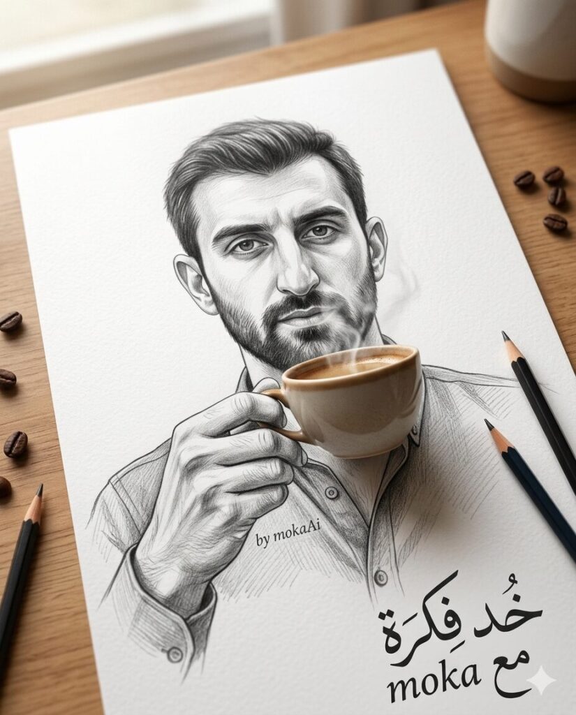 ازاي تعمل صورة سكيتش + عنصر حقيقي بالذكاء الاصطناعي (AI Prompt) 3 صورة تجمع بين رسم بالقلم الرصاص وفنجان قهوة حقيقي