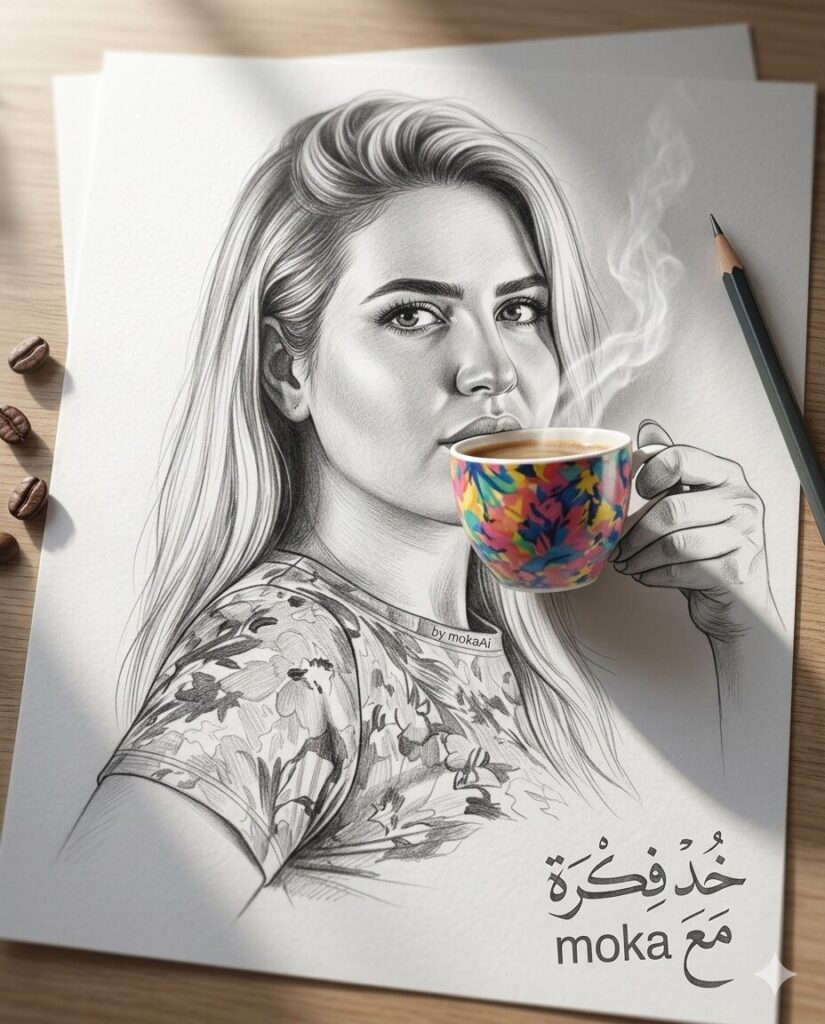 ازاي تعمل صورة سكيتش + عنصر حقيقي بالذكاء الاصطناعي (AI Prompt) 5 صورة تجمع بين رسم بالقلم الرصاص وفنجان قهوة حقيقي