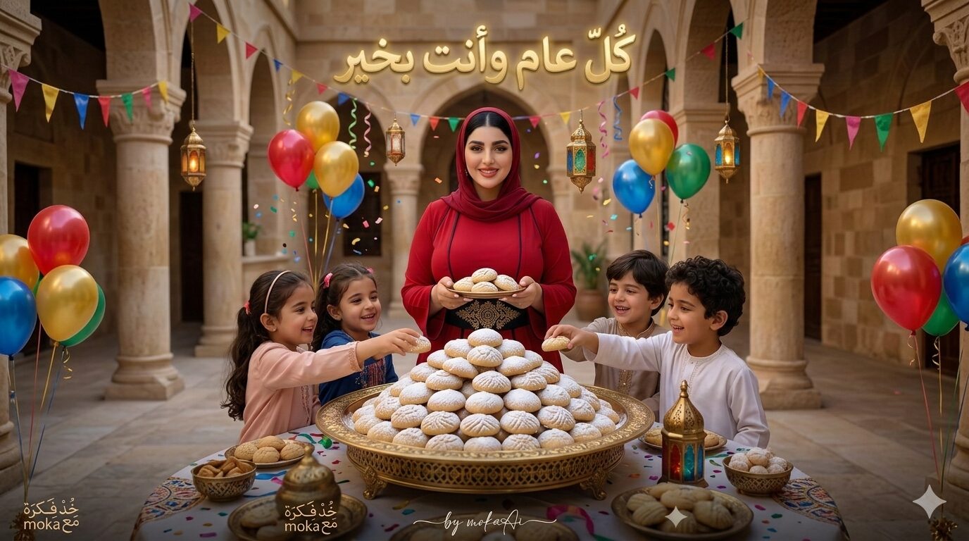 احتفال عيد الفطر مع جبل من كحك العيد على صينية كبيرة بينما الأطفال يحاولون أخذ الكحك وسط أجواء احتفالية مليئة بالبالونات والزينة