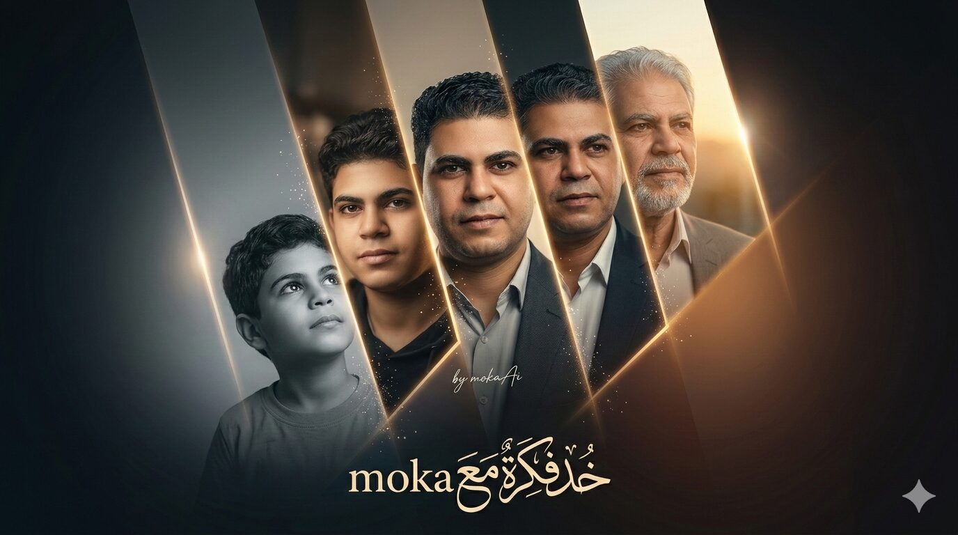 برومبت تحويل صورتك إلى خط زمني للحياة من الطفولة إلى الشيخوخة بالذكاء الاصطناعي 4 صورة تعرض تطور مراحل حياة الإنسان من الطفولة إلى الشيخوخة في تصميم مقسم قطريًا باستخدام الذكاء الاصطناعي