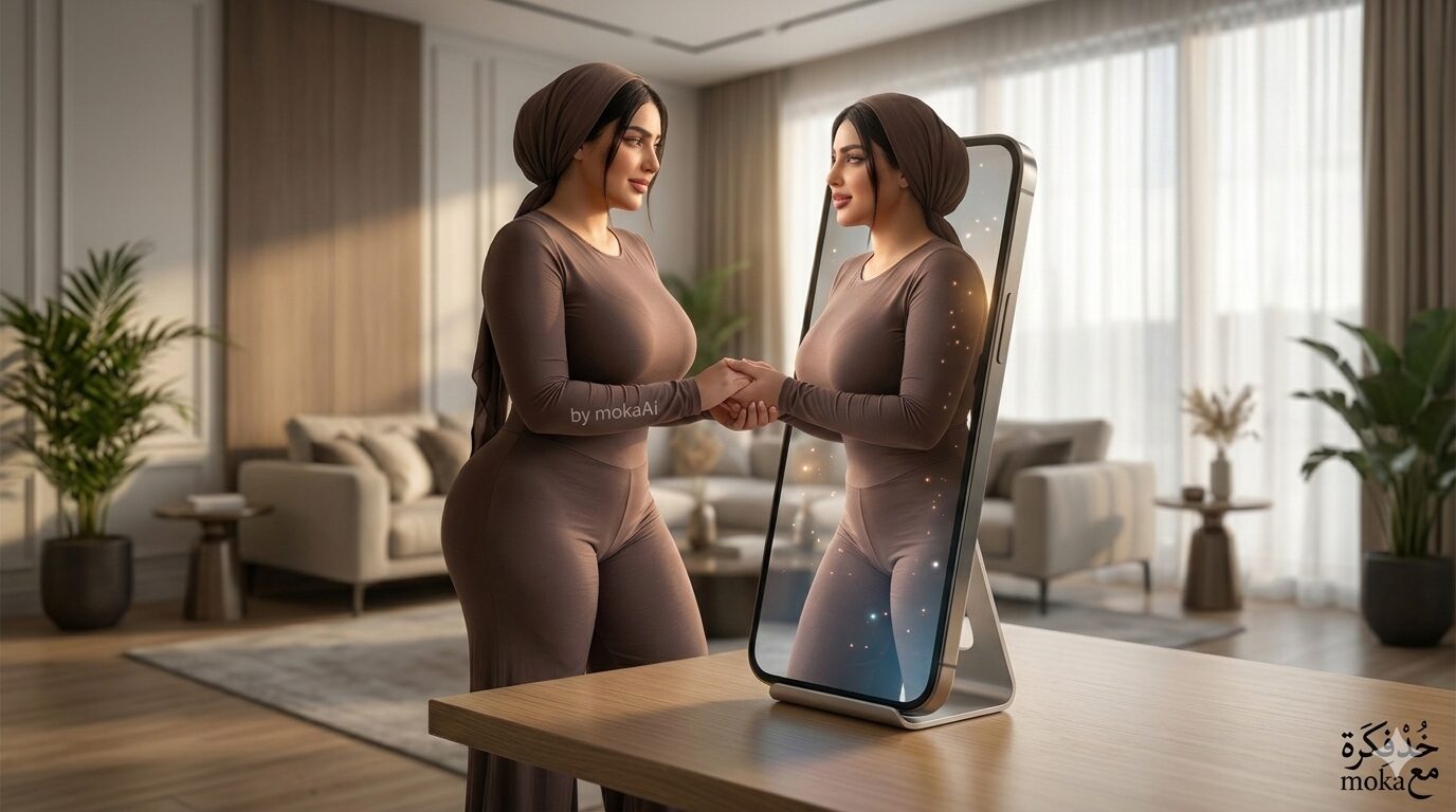 صورة تفاعل شخص مع نفسه داخل الهاتف باستخدام الذكاء الاصطناعي بشكل واقعي