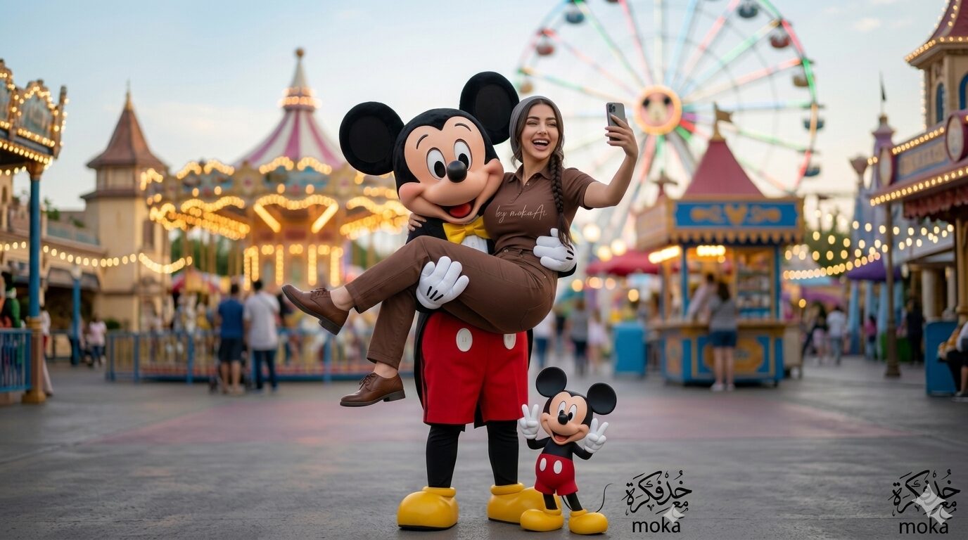 Create AI Photo with Mickey Mouse – تصميم صورة احترافية مع ميكي ماوس بالذكاء الاصطناعي 3 صورة شخص مع ميكي ماوس في مدينة ملاهي باستخدام الذكاء الاصطناعي بشكل واقعي