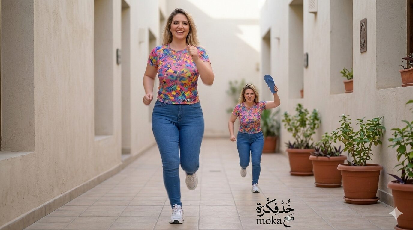 Create AI Funny Chase Photo – تصميم صورة مطاردة مضحكة بالذكاء الاصطناعي | AI Image Prompt 4 تصميم صورة مضحكة لشخص يطارد نفسه باستخدام الذكاء الاصطناعي في مشهد كوميدي واقعي