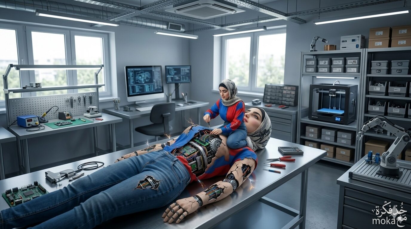 ازاي تعمل صورة وانت بتصلح روبوت بنفسك – AI Cinematic Photo 1 شخص يصلح نسخة روبوتية من نفسه باستخدام الذكاء الاصطناعي