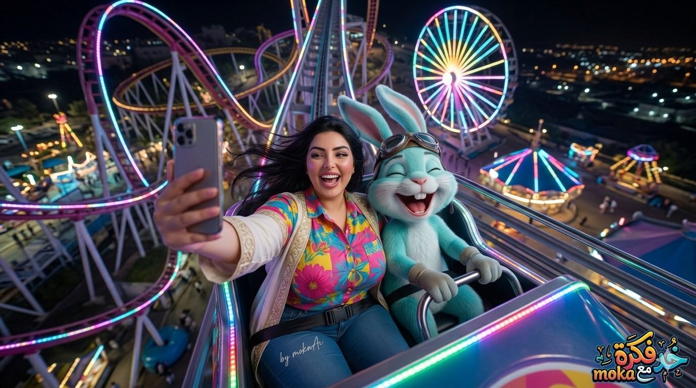 Create Viral AI Selfie Ride Photo – برومبت صورة سيلفي احترافية في الملاهي بالذكاء الاصطناعي 3 صورة سيلفي واقعية في الملاهي باستخدام الذكاء الاصطناعي مع أرنب كرتوني