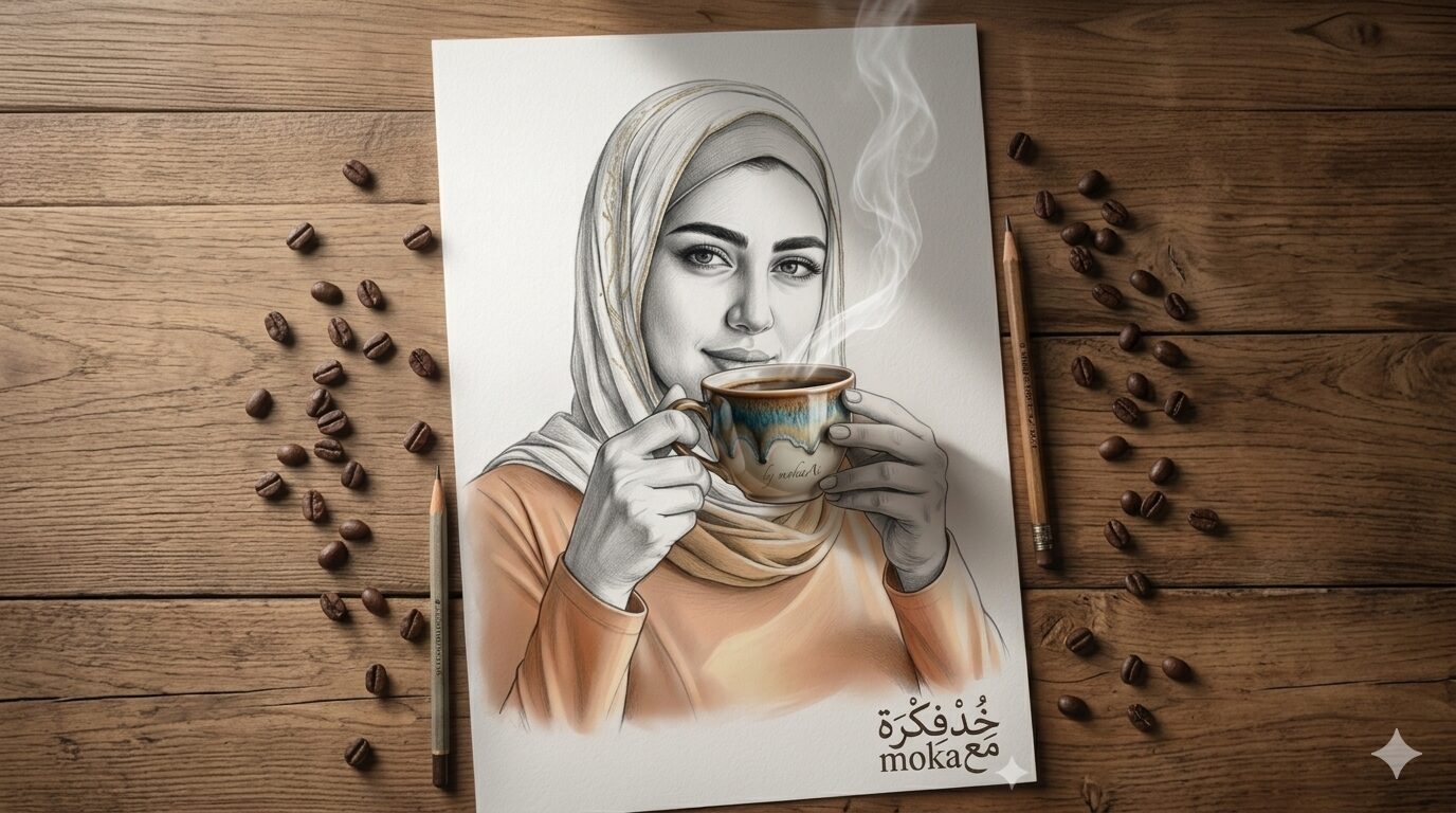 ازاي تعمل صورة سكيتش + عنصر حقيقي بالذكاء الاصطناعي (AI Prompt) 1 صورة تجمع بين رسم بالقلم الرصاص وفنجان قهوة حقيقي