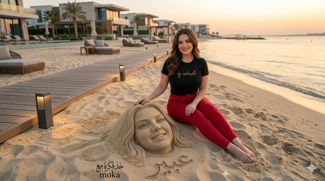 person sitting beside realistic sand sculpture of their own face on a luxury resort beach at sunset ai generated photo