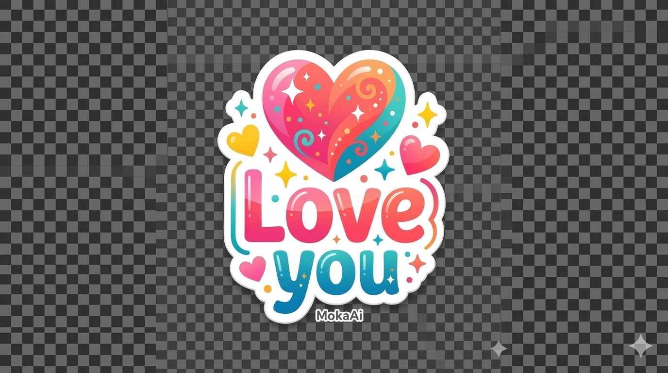تصميم Sticker احترافي لأي كلمة باستخدام الذكاء الاصطناعي 3 ملصق احترافي لكلمة حبك مع قلب ملون بتصميم Stickermule وخلفية شفافة