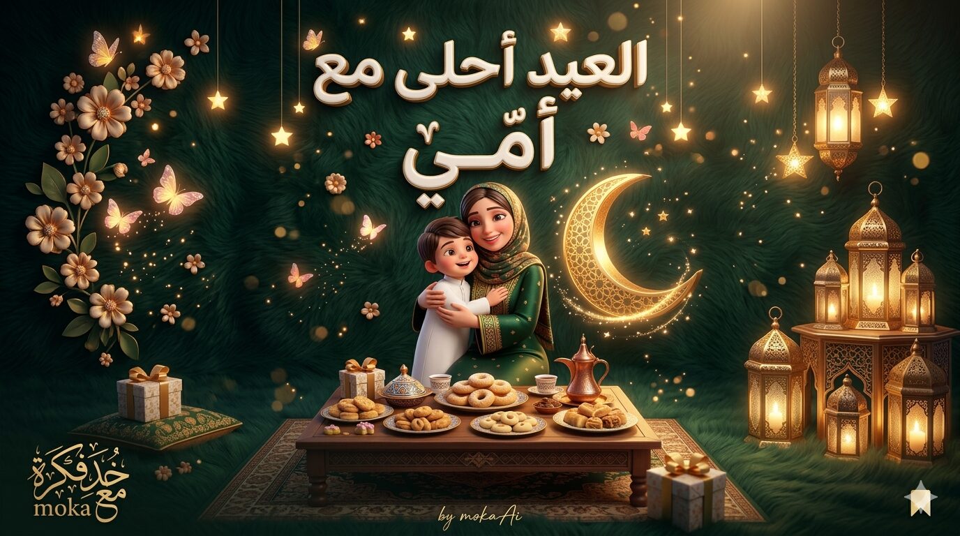 تصميم عيد الفطر مكتوب عليه العيد أحلى مع أمي مع أم تحتضن طفلها وهلال ذهبي وحلويات العيد