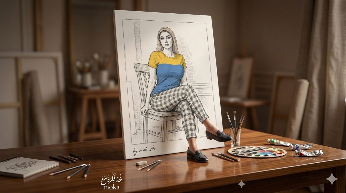خدعة بصرية لشخص مرسوم داخل لوحة رسم يجلس على كرسي بينما تخرج قدماه فقط من اللوحة إلى العالم الحقيقي فوق طاولة خشبية