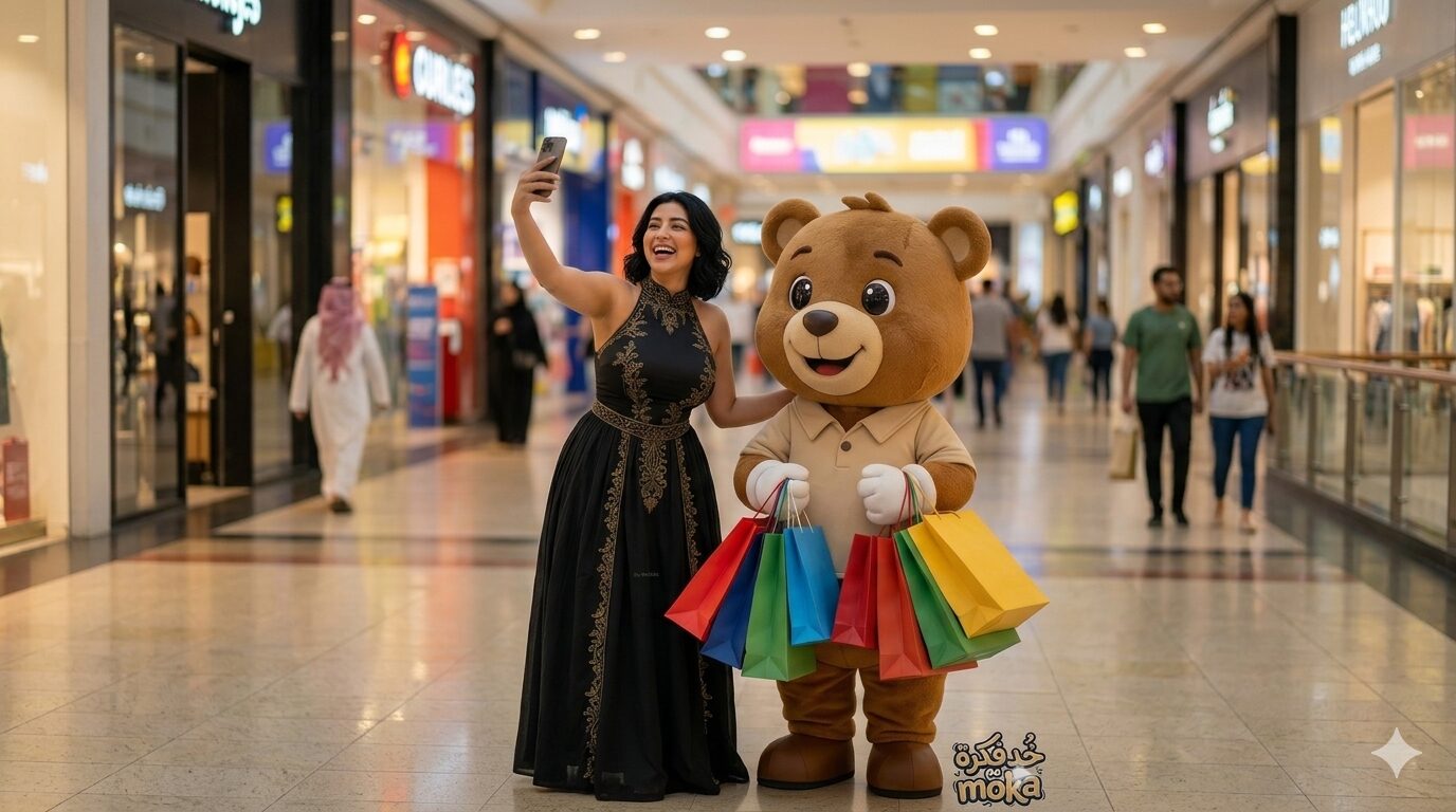 إنشاء صورة احترافية مع Teddy Bear داخل المول بالذكاء الاصطناعي (AI Realistic Photo) 2 صورة واقعية لشخص يلتقط سيلفي داخل مول مع دبدوب Mascot يحمل أكياس تسوق باستخدام الذكاء الاصطناعي