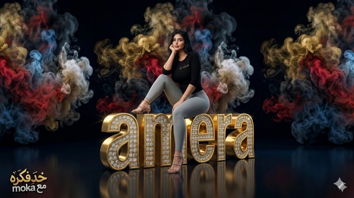 تصميم صورة احترافية باسمك على حروف ذهبية ثلاثية الأبعاد باستخدام الذكاء الاصطناعي 2 شخص يجلس فوق حروف ذهبية ثلاثية الأبعاد مرصعة بالألماس تشكل اسم moka مع خلفية دخان ملون وإضاءة سينمائية