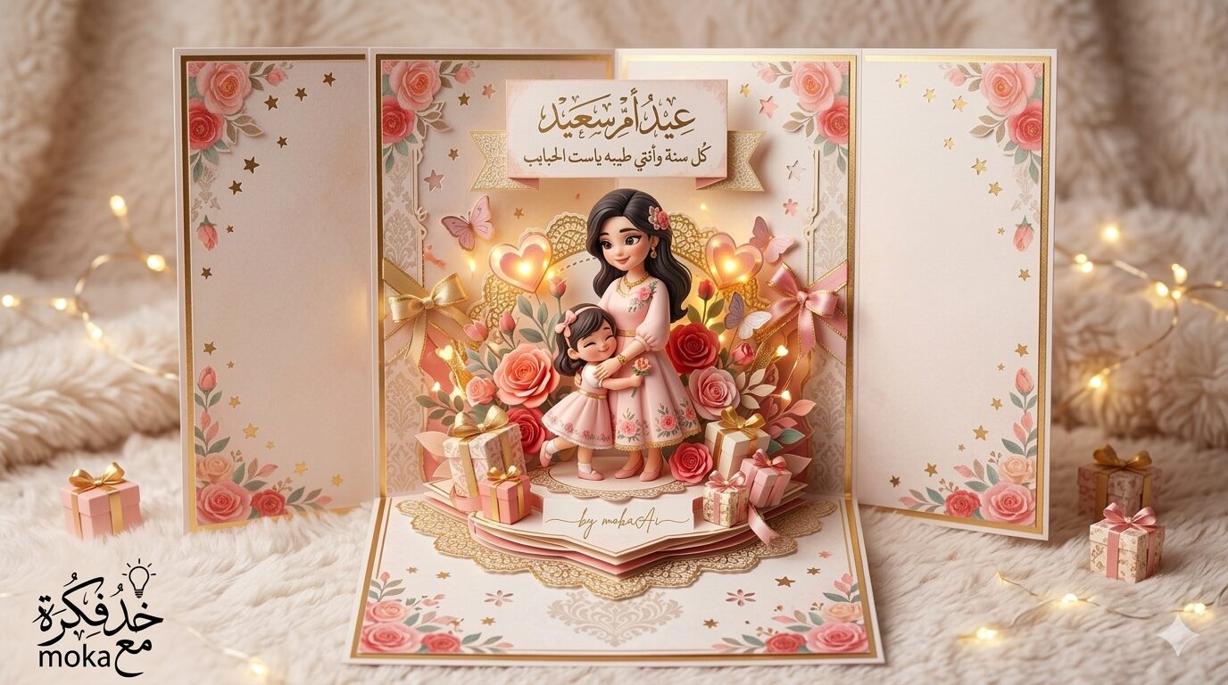 تصميم بطاقة تهنئة عيد الأم ثلاثية الأبعاد مع أم تحتضن طفلها وورود وقلوب بأسلوب Pop-Up