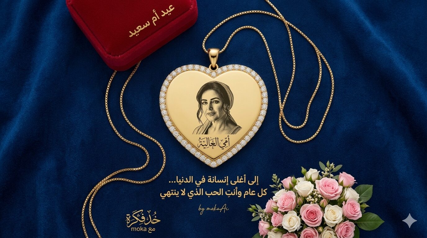 تصميم صورة عيد الأم بالذكاء الاصطناعي يظهر هدية فاخرة للأم مع رسالة تهنئة عيد أم سعيد