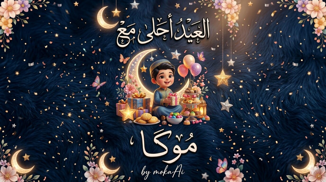 تصميم عيد الفطر مكتوب عليه العيد أحلى مع موكا مع طفل كرتوني وهلال ونجوم وحلويات العيد في خلفية زرقاء احتفالية