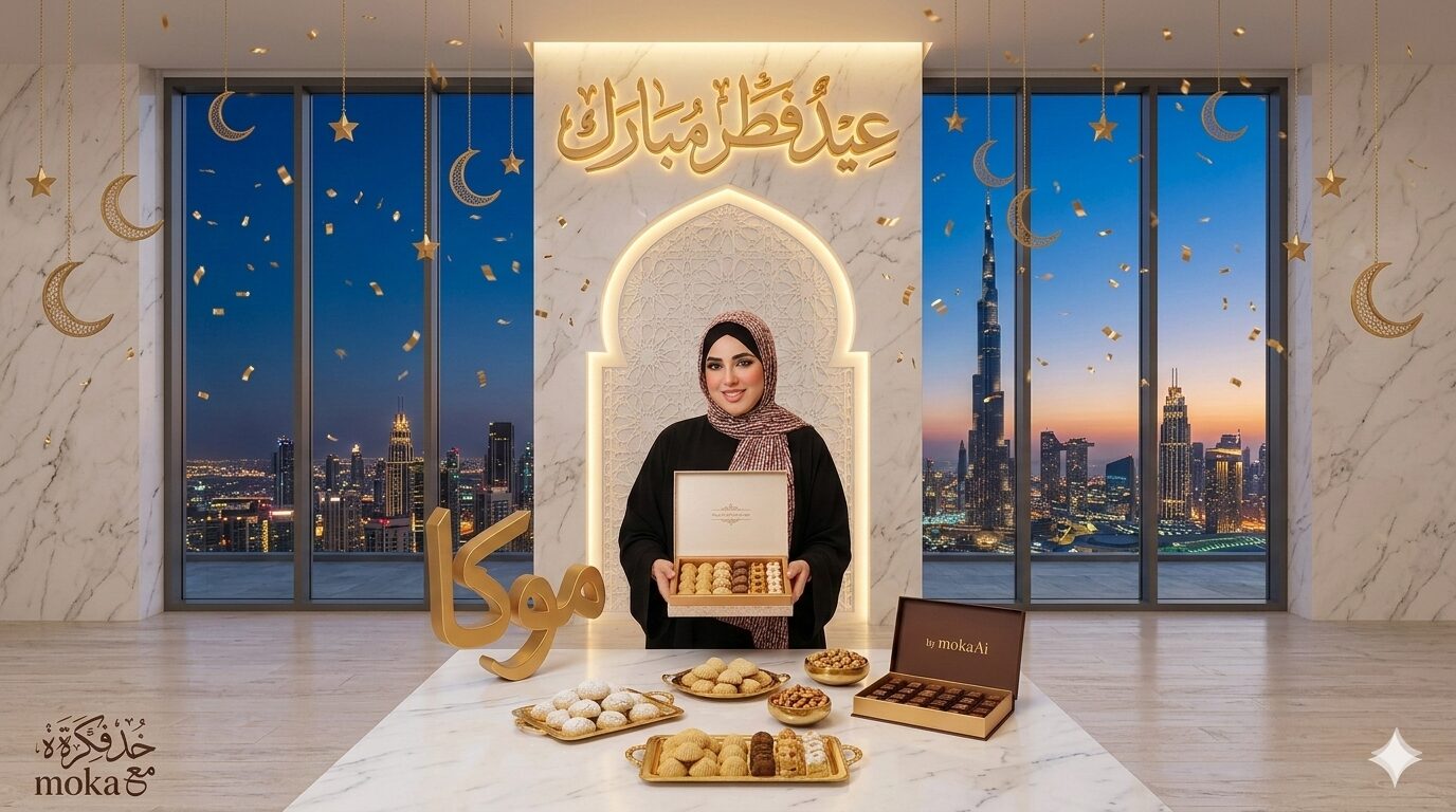 تعرف على برومبت احترافي لإنشاء تصميم تهنئة عيد الفطر داخل بنتهاوس فاخر في دبي مع إطلالة برج خليفة وحلويات العيد باستخدام الذكاء الاصطناعي.