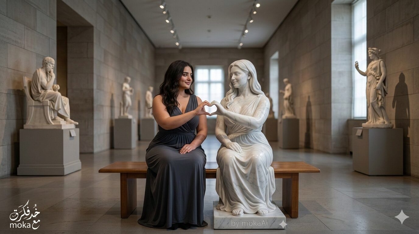 صورة واقعية تجمع بينك وبين تمثال رخامي مطابق لك باستخدام الذكاء الاصطناعي 4 صورة سينمائية واقعية لشخص يجلس على مقعد داخل متحف وبجانبه تمثال رخامي مطابق له، حيث يتعاونان معًا لتشكيل قلب