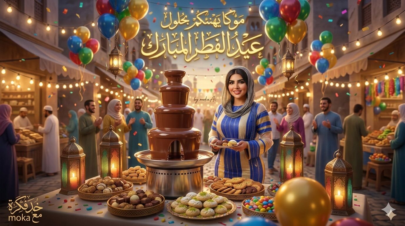 برومبت تصميم احتفال عيد الفطر مع نافورة شوكولاتة فاخرة بالذكاء الاصطناعي 2 مشهد احتفالي لعيد الفطر يحتوي على نافورة شوكولاتة كبيرة مع حلويات العيد والبالونات والزينة بينما يقف شخص يحمل طبق كحك.