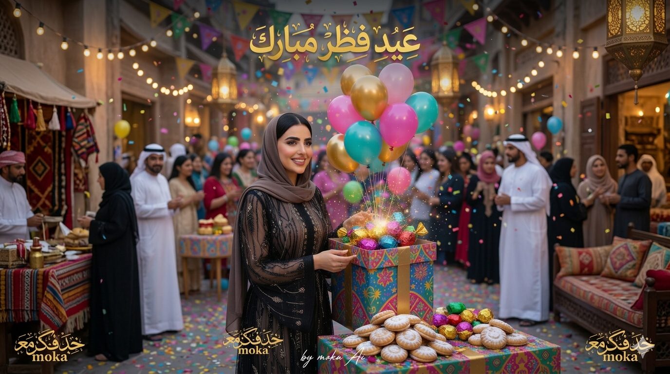 برومبت تصميم صورة عيد فطر مبارك مع صندوق هدايا سحري بالذكاء الاصطناعي 2 صورة احتفال عيد الفطر مع صندوق هدايا كبير تخرج منه البالونات وحلويات العيد في أجواء احتفالية مليئة بالزينة