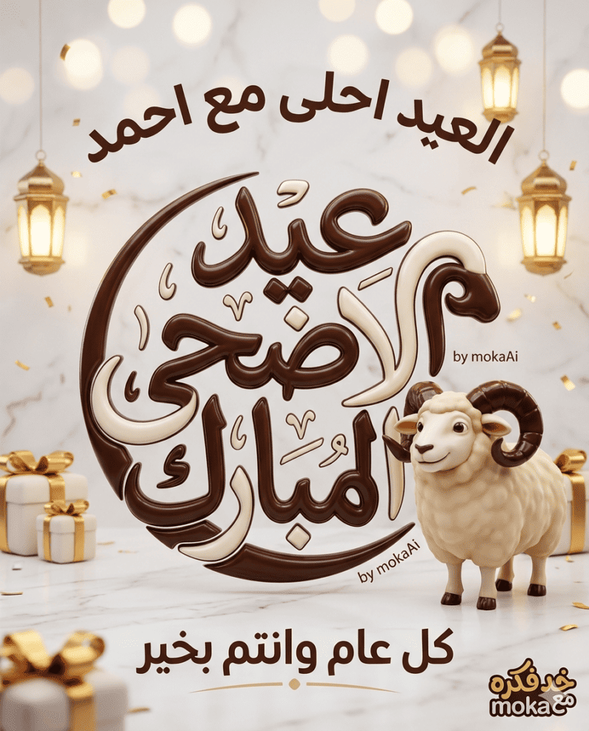 تصميم صورة عيد الأضحى بالذكاء الاصطناعي بشكل ثلاثي الأبعاد مع خروف وزينة العيد
