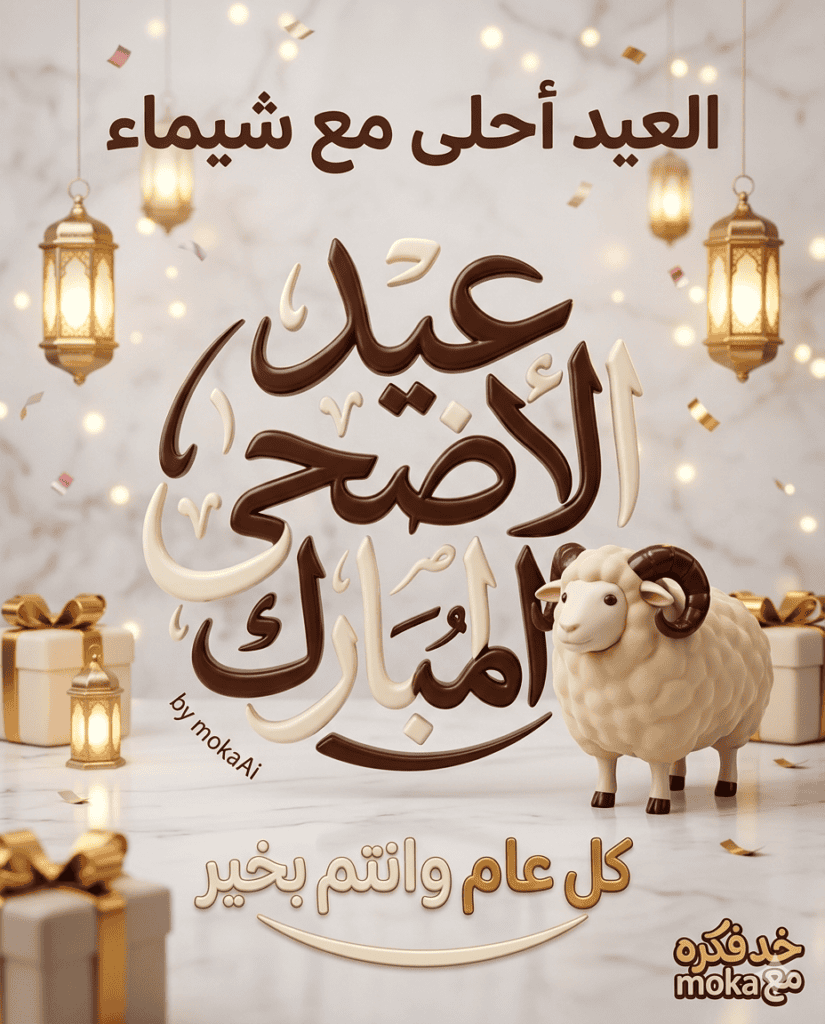 تصميم صورة عيد الأضحى بالذكاء الاصطناعي بشكل ثلاثي الأبعاد مع خروف وزينة العيد