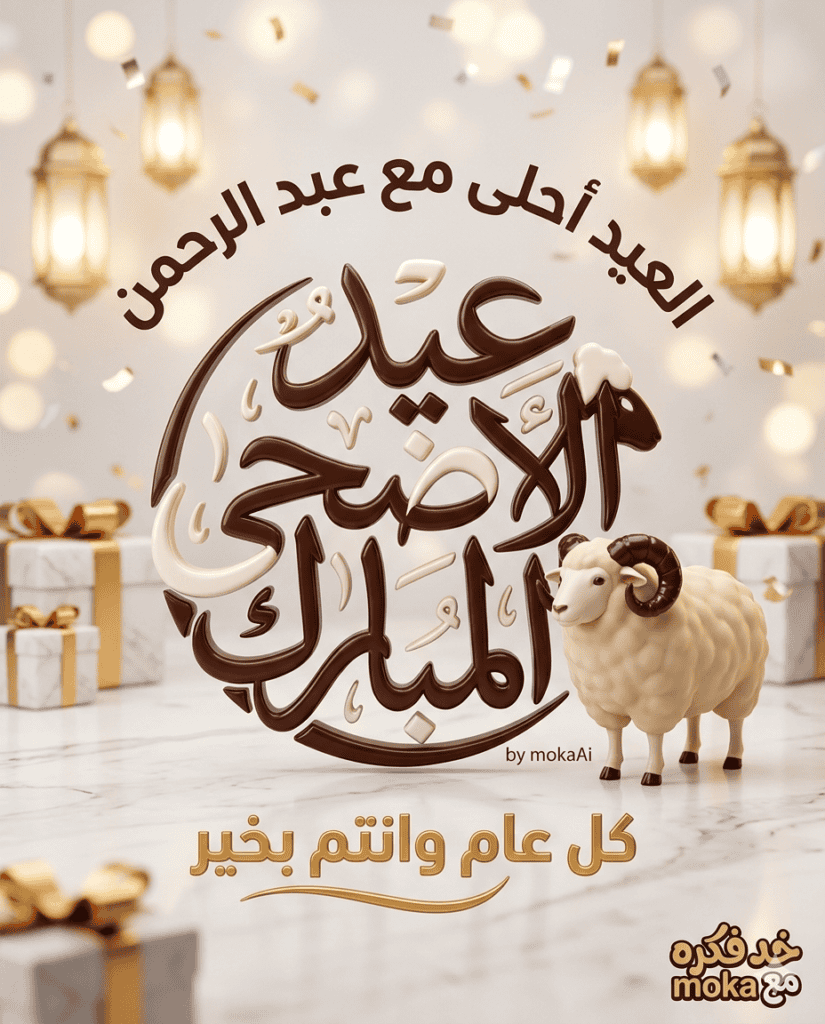تصميم صورة عيد الأضحى بالذكاء الاصطناعي بشكل ثلاثي الأبعاد مع خروف وزينة العيد