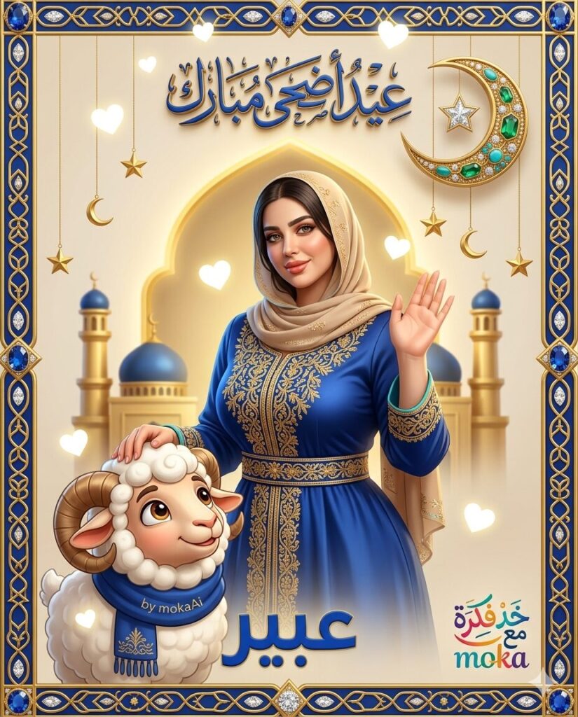 تصميم احترافي لعيد الأضحى بالذكاء الاصطناعي يدمج صورة شخصية حقيقية مع خروف كيوت وإطار ملكي ذهبي