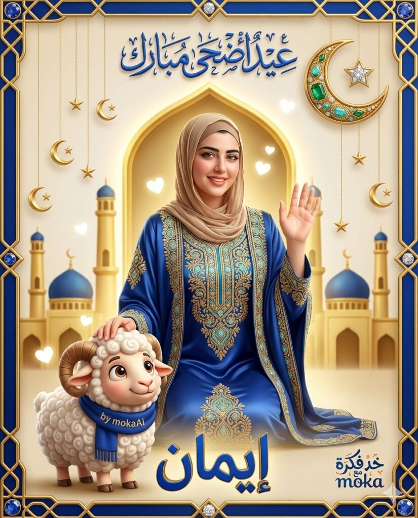 تصميم احترافي لعيد الأضحى بالذكاء الاصطناعي يدمج صورة شخصية حقيقية مع خروف كيوت وإطار ملكي ذهبي