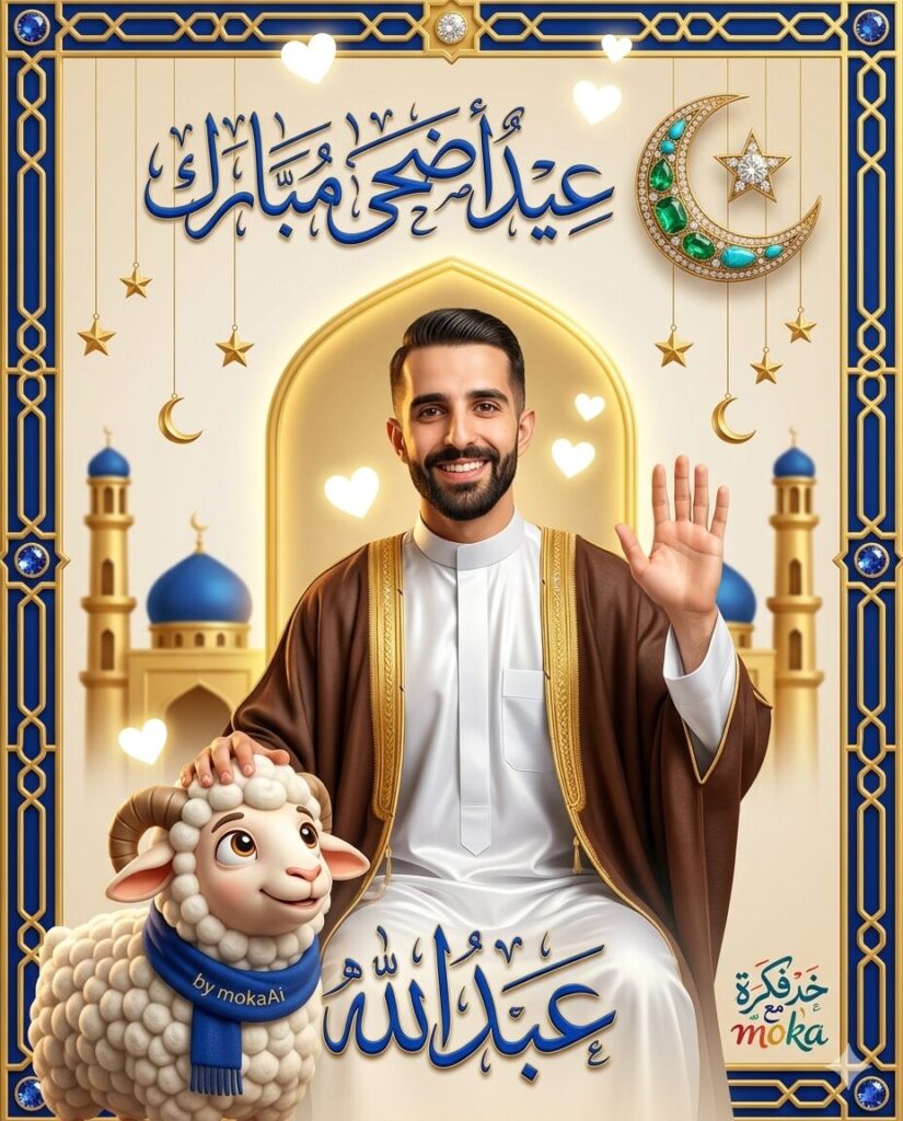 تصميم احترافي لعيد الأضحى بالذكاء الاصطناعي يدمج صورة شخصية حقيقية مع خروف كيوت وإطار ملكي ذهبي