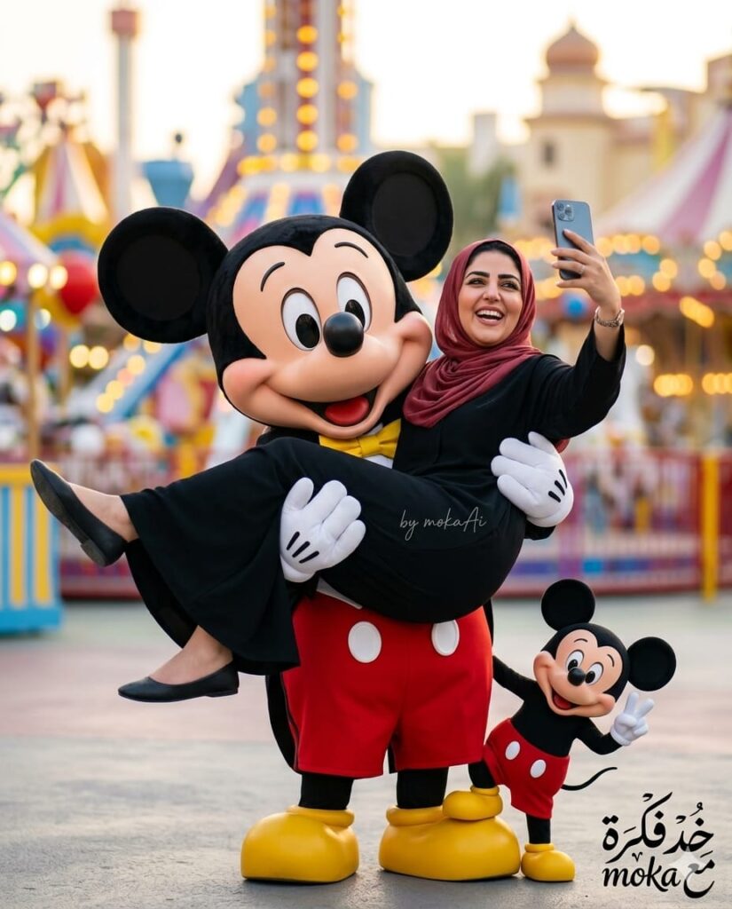 شخص يلتقط سيلفي مع ميكي ماوس في مدينة الملاهي بالذكاء الاصطناعي