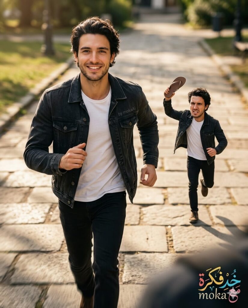 شخص يجري من نسخة مصغرة منه في مطاردة كوميدية ai