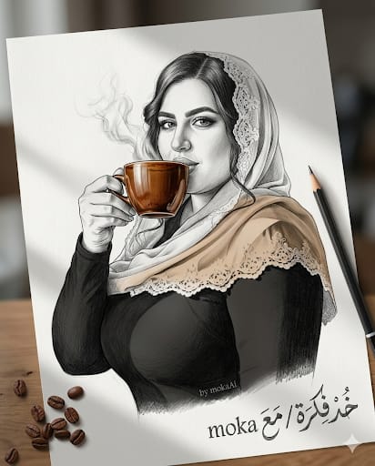 تصميم إبداعي يدمج بين رسم السكيتش بقلم الرصاص وصورة حقيقية لفتاة تشرب القهوة بأسلوب واقعي سينمائي