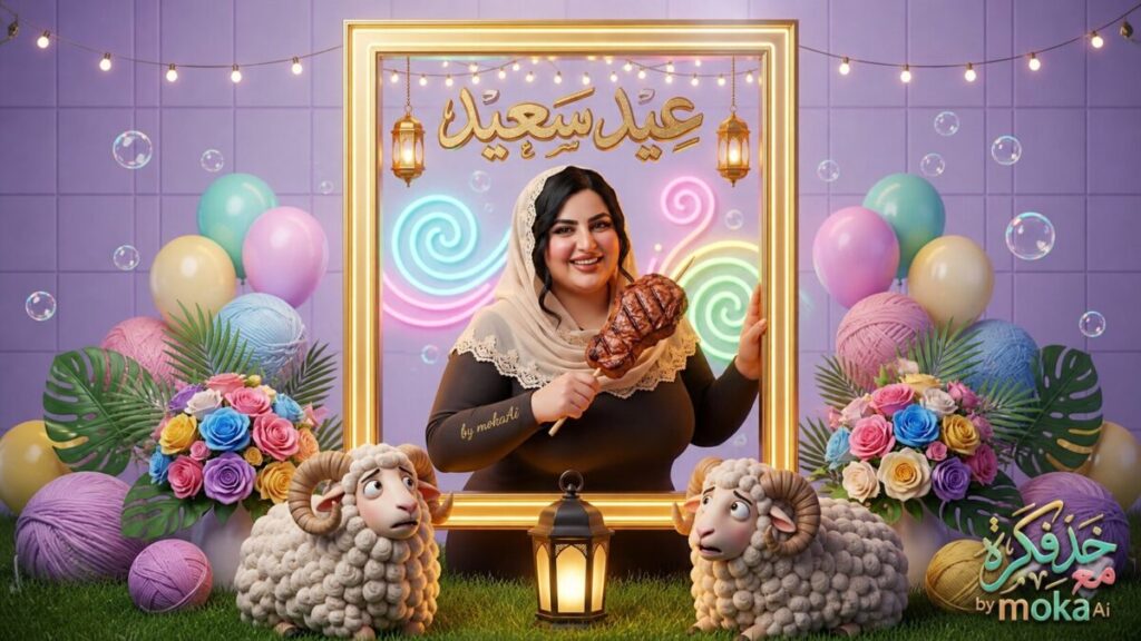 تصميم تهنئة عيد الأضحى ثلاثي الأبعاد لامرأة مبتسمة تحمل لحم مشوي داخل إطار ذهبي مزخرف مع خراف وزينة عيد ملونة