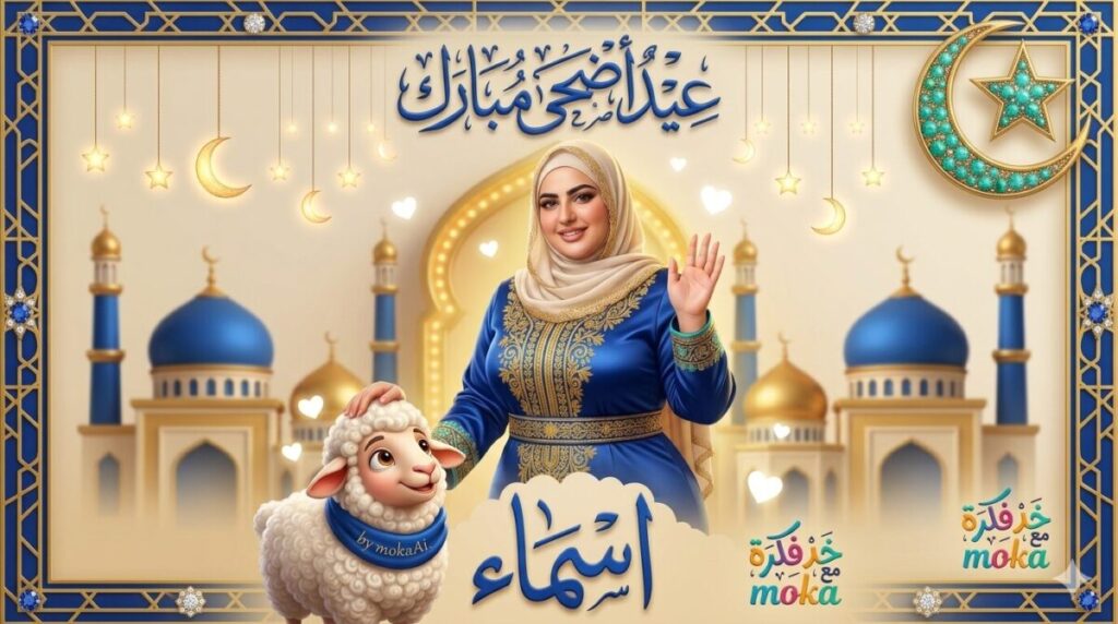 تصميم احترافي لعيد الأضحى بالذكاء الاصطناعي يدمج صورة شخصية حقيقية مع خروف كيوت وإطار ملكي ذهبي