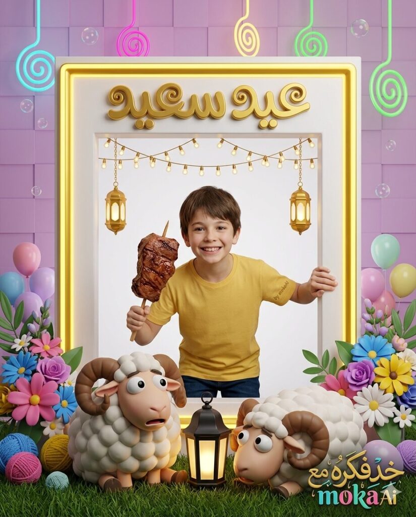 إطار ذهبي نيون بعبارة عيد سعيد بالخط العربي مع زهور ملونة وخلفية بنفسجية بالذكاء الاصطناعي.