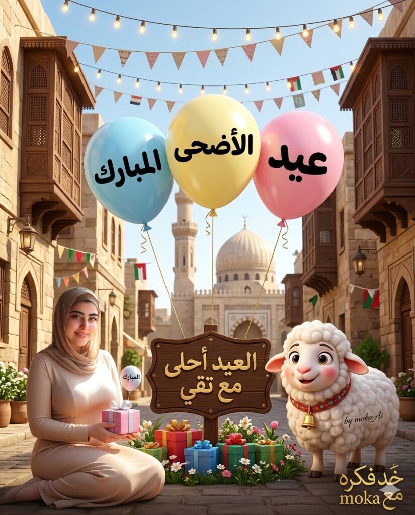 خروف العيد بستايل بيكسار بجانب لوحة خشبية مكتوب عليها العيد أحلى مع.. بالذكاء الاصطناعي.