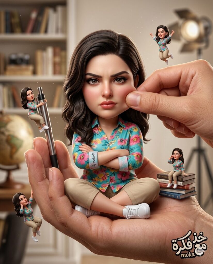 تصميم فني لشخصية تشيبي (Chibi) بوش كبير وتعبيرات "مقموصة" بالذكاء الاصطناعي.