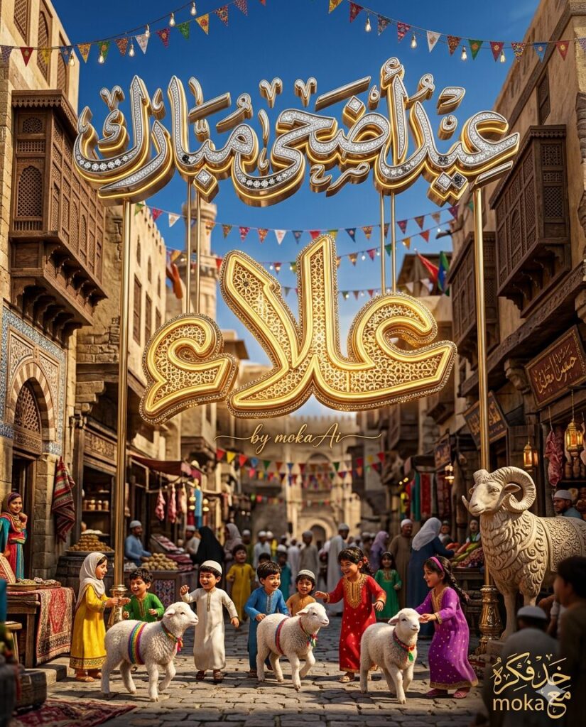 مخطوطة "عيد أضحى مبارك" مصنوعة من الفضة والألماس الأسود بتصميم رقمي فاخر.