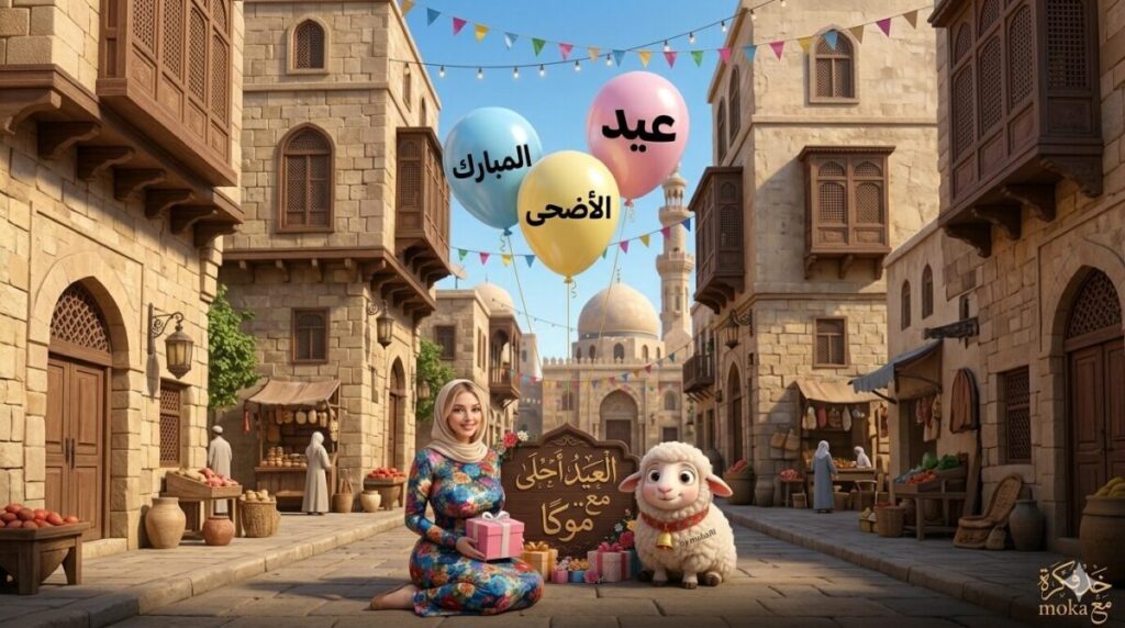 تصميم 3D لعيد الأضحى يجمع بين صورة شخص حقيقي وخروف بيكسار في شارع عربي.
