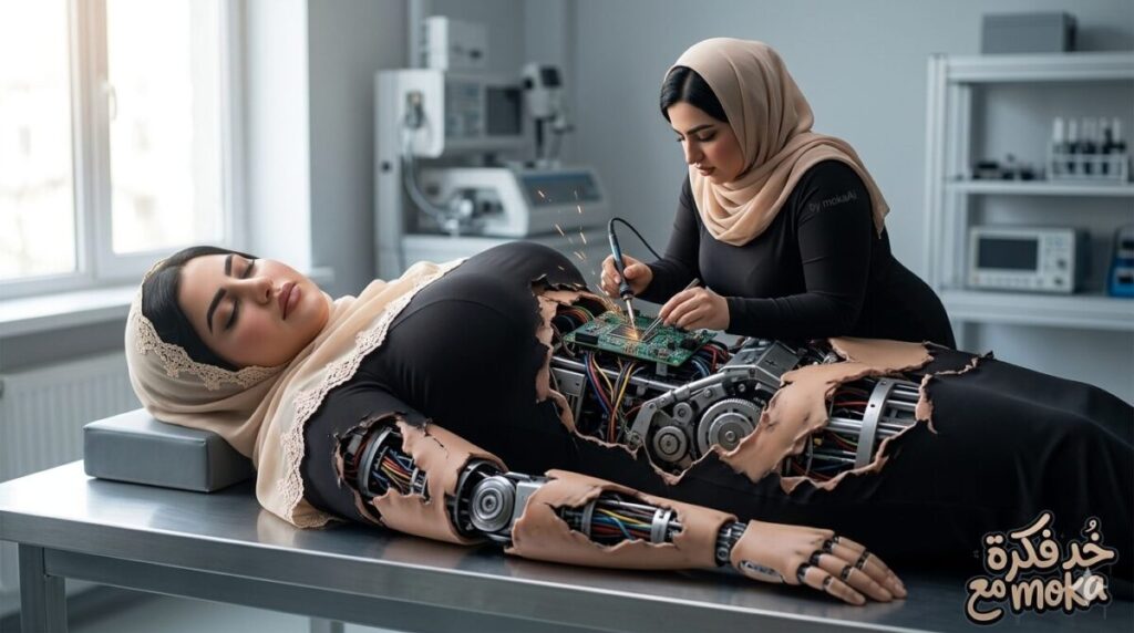 تصميم خيال علمي يظهر نسخة بشرية مصغرة تقوم بإصلاح نسخة روبوتية لنفس الشخص