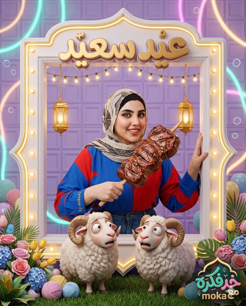 خراف كرتونية بيضاء تنظر برعب كوميدي لشخص يمسك اللحم في تصميم عيد الأضحى 3D