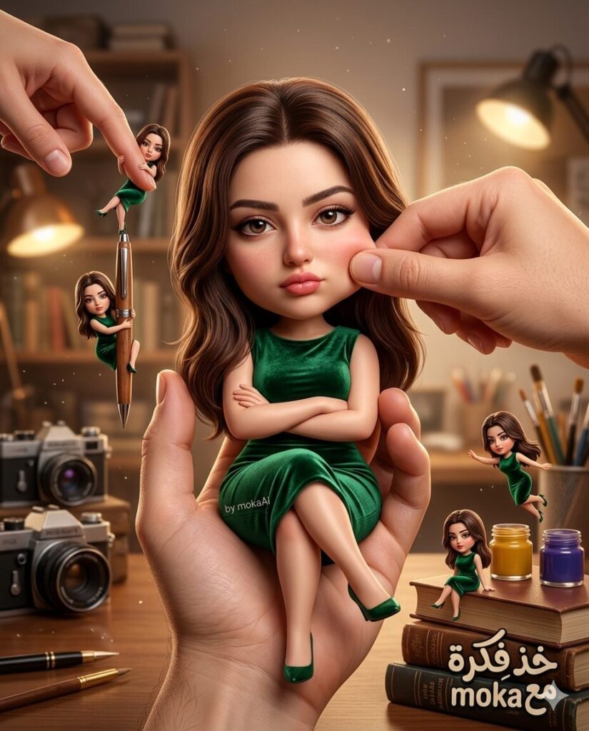 دمج الملامح الحقيقية (Identity Lock) في تصميمات Big Head الكيوت من موكا AI.