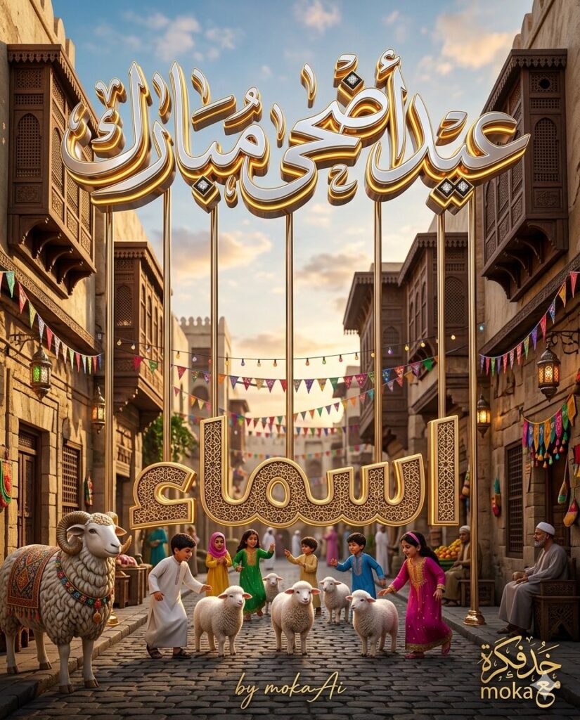 اسم "شيماء " محفور بنقوش إسلامية ذهبية داخل مشهد احتفالي بالعيد