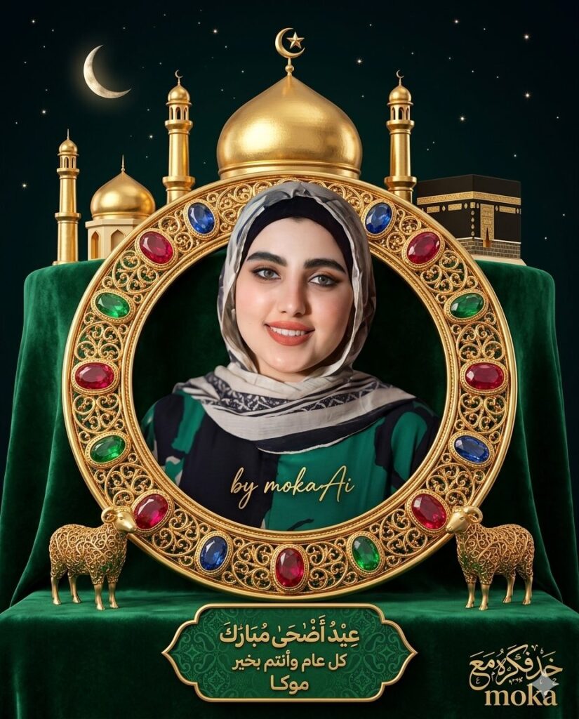 بطاقة تهنئة إسلامية فاخرة مكتوب عليها عيد أضحى مبارك وكل عام وأنتم بخير.