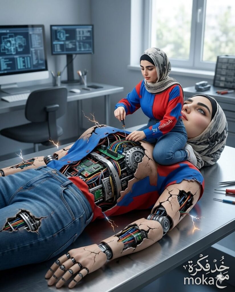 تفاصيل ميكانيكية دقيقة لأسلاك وتروس داخل جسم روبوت بملامح بشرية حقيقية.