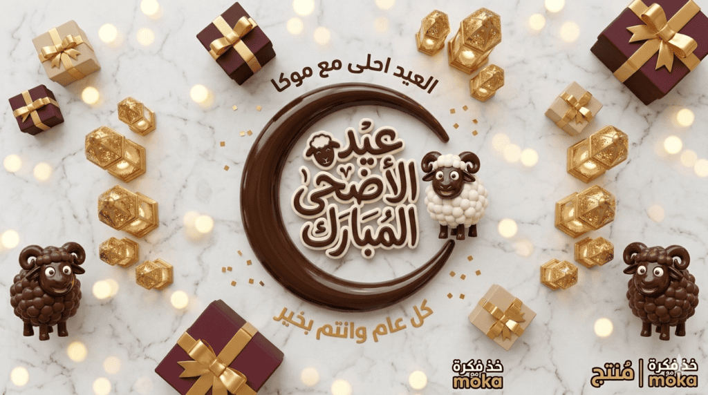 تصميم صورة عيد الأضحى بالذكاء الاصطناعي بشكل ثلاثي الأبعاد مع خروف وزينة العيد
