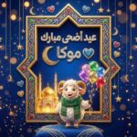 تصميم 3D لعيد الأضحى يظهر فيه خروف كيوت وإطار ذهبي مرصع بالمجوهرات مع اسمك